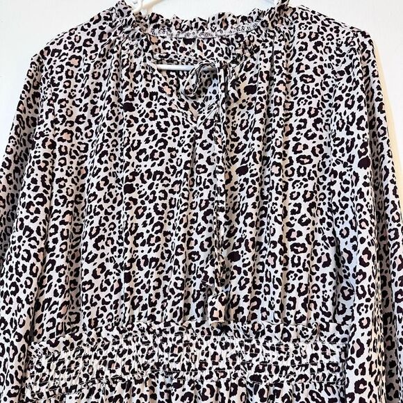 Max Studio Leopard Tie Neck Shirred Cuff Ruffle Hem Dress Multicolor Large - Picture 3 of 3